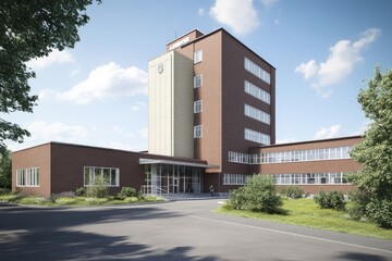 Obraz premium Mid-century modern building with a tall tower, brick facade, and landscaped grounds Exterior view, likely a school or office