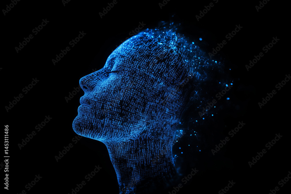 Aufkleber artificial intelligence, a data stream of code and a digital human head in blue color on a black bac