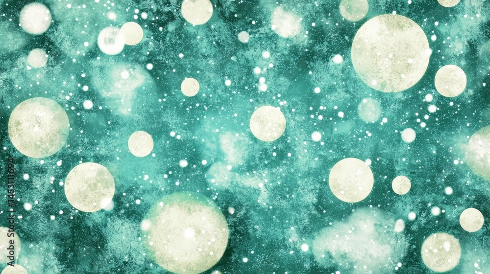 Poster blue and white background with many small white circles. the circles are scattered throughout the im