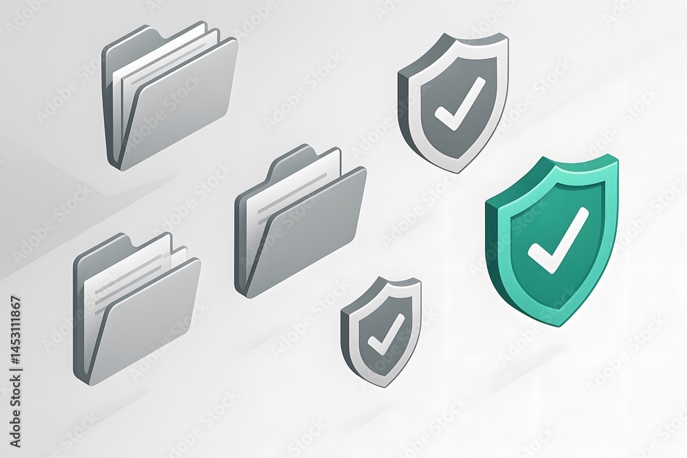 Aufkleber floating folder icons appear alongside shield symbols on a light 3d grid background. concept of secu