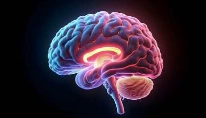 Obraz premium Glowing human brain illustration with neural pathways and synaptic activity, vibrant colors on dark background, futuristic visualization of brain function