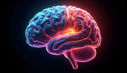 Glowing human brain illustration with neural pathways and synaptic activity, vibrant colors on dark background, futuristic visualization of brain function
