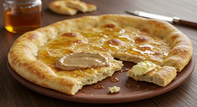 Chechebsa torn flatbread pieces with honey and spiced butter on a restaurant table