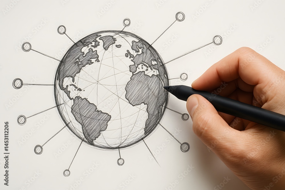 Poster a hand draws connection lines radiating from a sketched globe on a white page. concept of global net