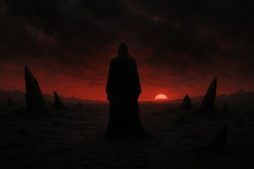 Mysterious hooded figure in dark, eerie landscape at sunset