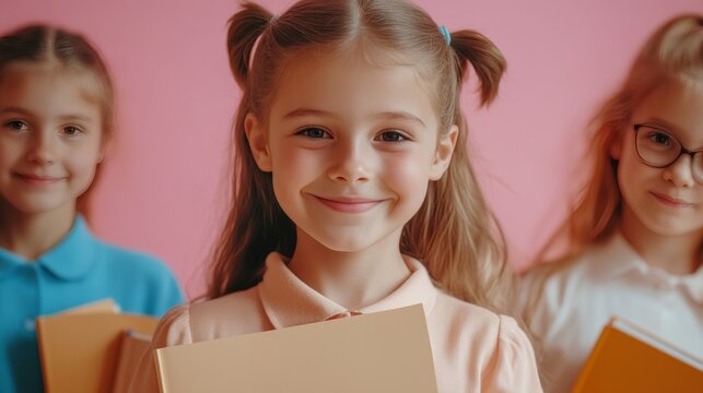 Three young girls posing for school picture with books.