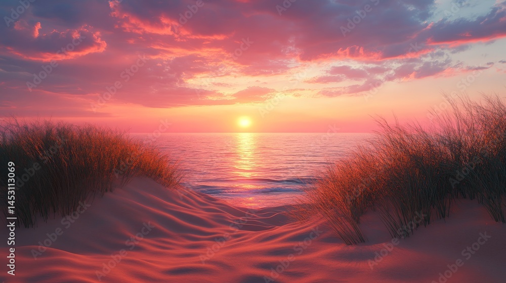 Poster the image features a stunning sunset hovering over a wheat field on a white background