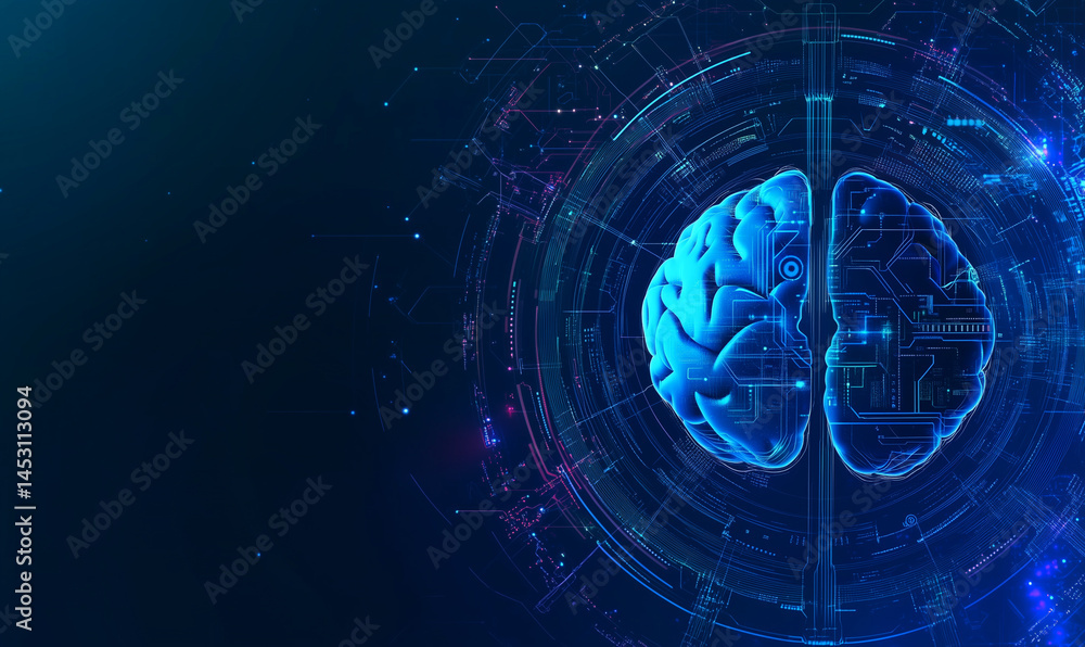 Poster abstract futuristic technology background with blue color, human brain and circuit board elements on