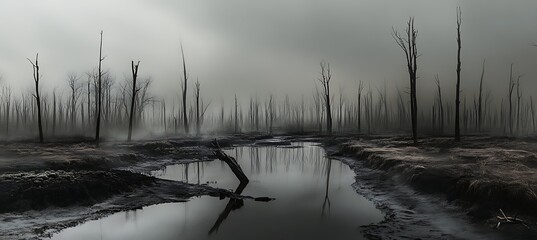 Desolate Forest Landscape Severely Affected by Prolonged Drought and Pollution-Induced Climate Change, Resulting in Widespread Tree Mortality