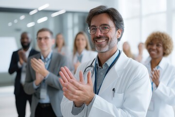 Fototapeta premium Diverse healthcare team in a meeting, applauding.
