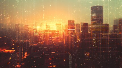 Fototapeta premium Urban Skyline with Overlaid Digital Network Grid