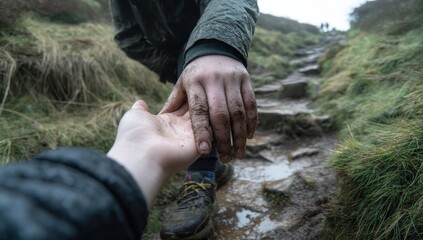Muddy hands unite on a rugged, rainy trail.