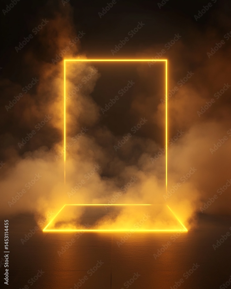 Poster 3d rendering: glowing golden rectangular frame in smoky environment