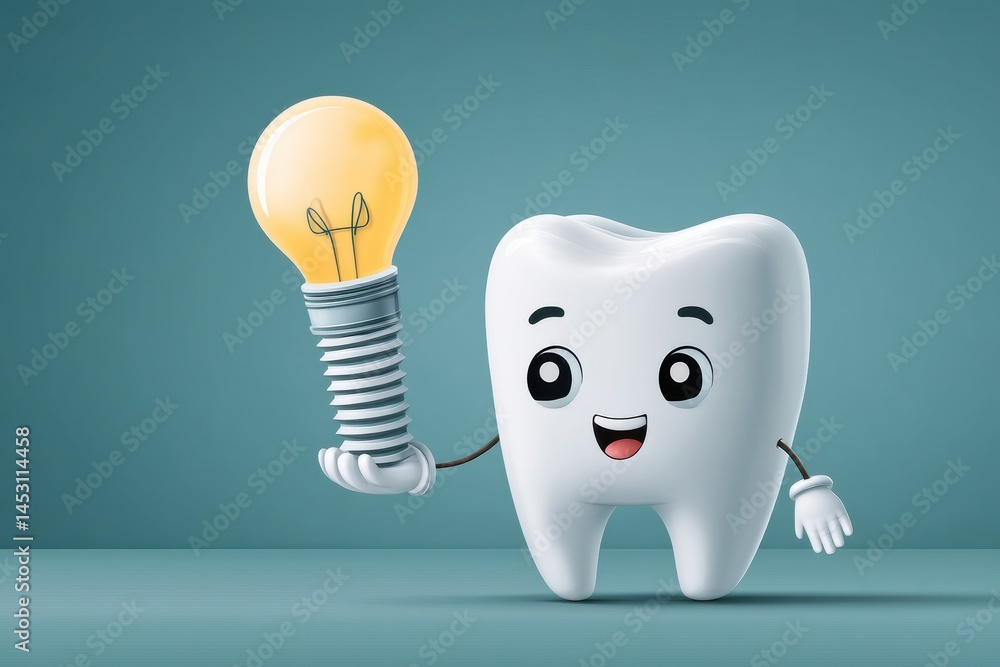 Leinwandbilder Cheerful Cartoon Tooth Character Holds Tiny Light Bulb Implant With Joyful Expression and Playful Demeanor Generative AI
