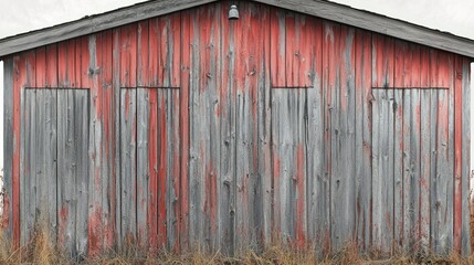 Rustic red and gray wooden shed facade.  Faded paint, weathered wood, simple double doors