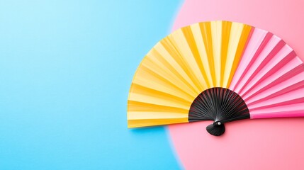 On a background of varied hues, a hand is seen holding a beautifully colored fan