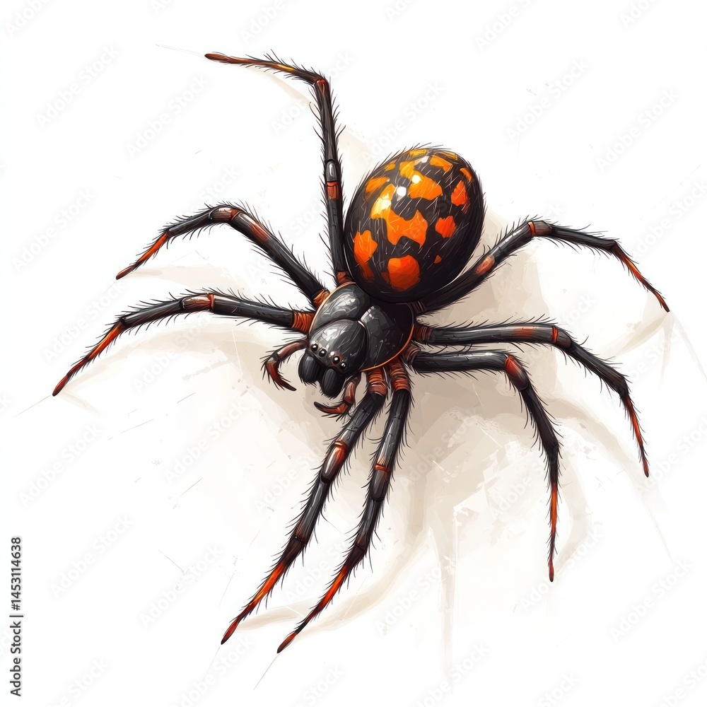 Wall mural closeup of a colorful venomous spider with a black and orange patterned body crawling on a natural a