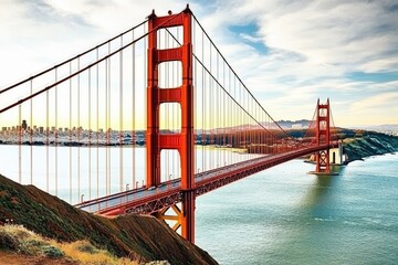 Fototapeta premium Iconic suspension bridge spanning a bay, with cityscape in the background Red steel structure, strong cables, and water below Dramatic clouds and light