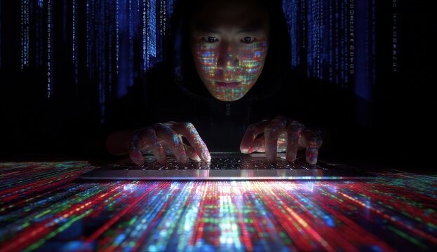 Hacker in dim light typing on a laptop with digital code overlay.
