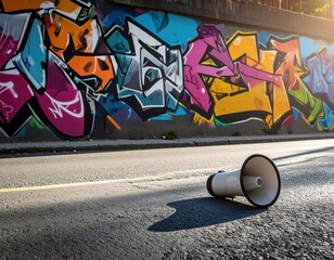 Colorful urban graffiti and abandoned megaphone on city street