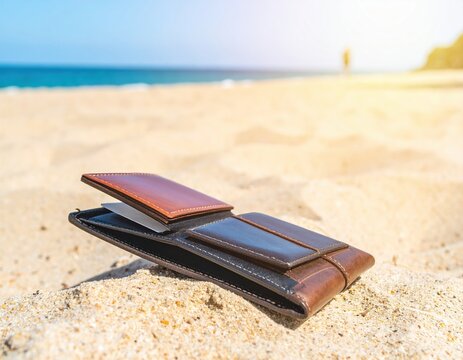Leather wallet on sandy beach with sunlight and ocean view in daylight