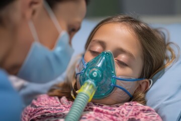 Young girl with oxygen mask in hospital bed, attended by nurse.
