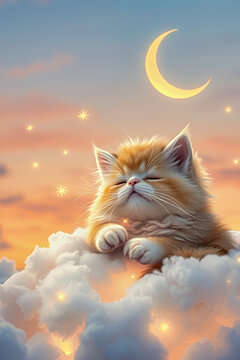 Dreamy Sleeping Ginger Kitten on Cloud Under Crescent Moon