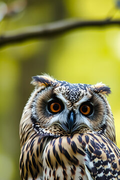 Intense Owl Portrait with Striking Orange Eyes in Nature