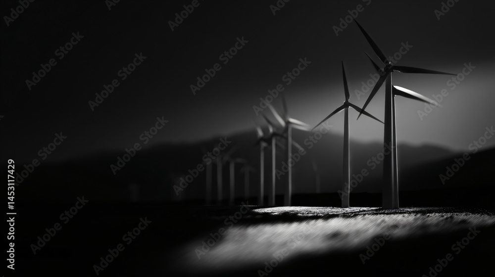 Poster a series of wind turbines captured from multiple angles, oblation diverse linear perspective