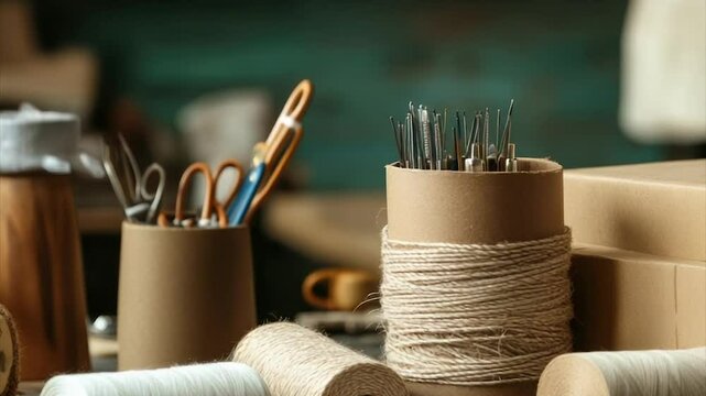 Craft supplies on a rustic wooden workbench.  Various spools of thread, twine, and craft tools.  Focus on natural materials