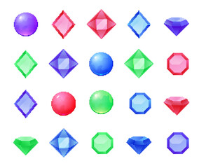Pixel gemstone set. Vibrant jewels retro-style pixel diamond ruby design sapphire.