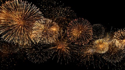 Golden fireworks bursting against a night sky.
