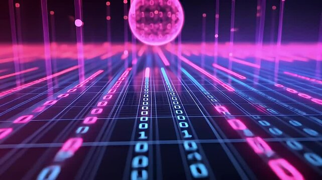 Abstract Digital Data Stream with Glowing Binary Code and Pink and Blue Light Trails