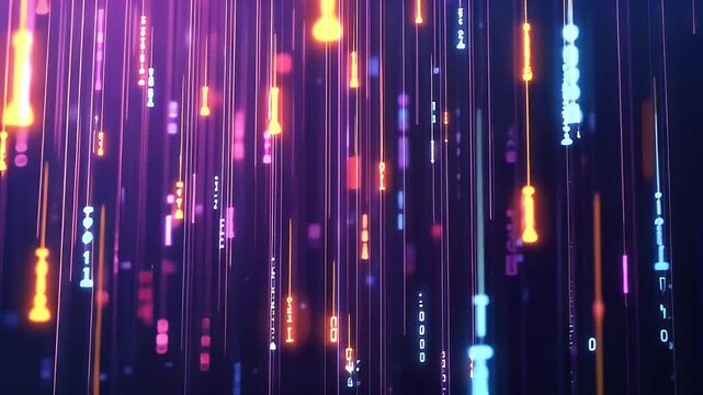 Abstract Digital Data Stream with Glowing Light Lines and Binary Code in Dynamic Motion over Dark Purple Background