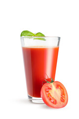 Glass of fresh tomato juice with basil on white background