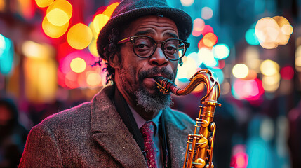 Street musician playing saxophone at night