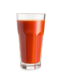 Glass of fresh tomato juice on white background