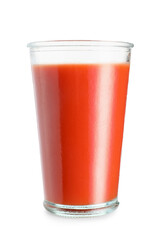 Glass of fresh tomato juice on white background