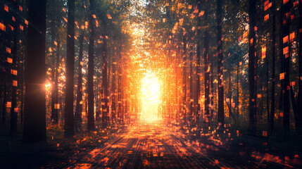 Fototapeta premium Digital data flows through a sunlit forest. [Fractal Eden] | Grid Leaves | matrix nature. Illustration