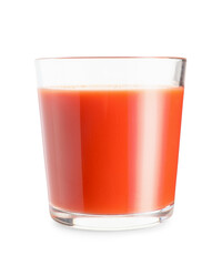 Glass of fresh tomato juice on white background