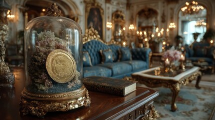 Elegant Living Room with Ornate Decor and Antique Display Under Glass Dome