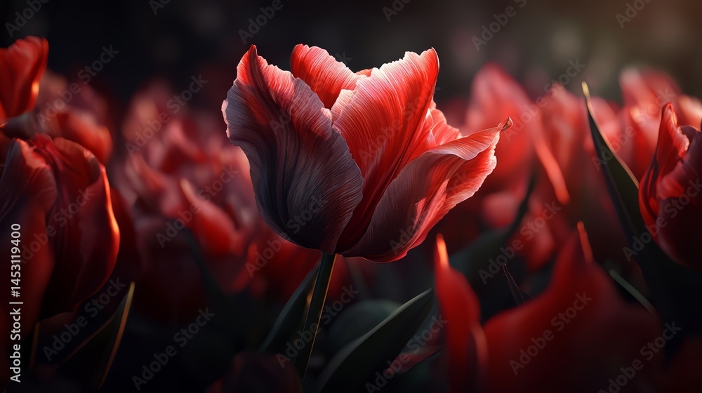 Poster close up of a red flower with a black stem. the flower is surrounded by other red flowers, creating 