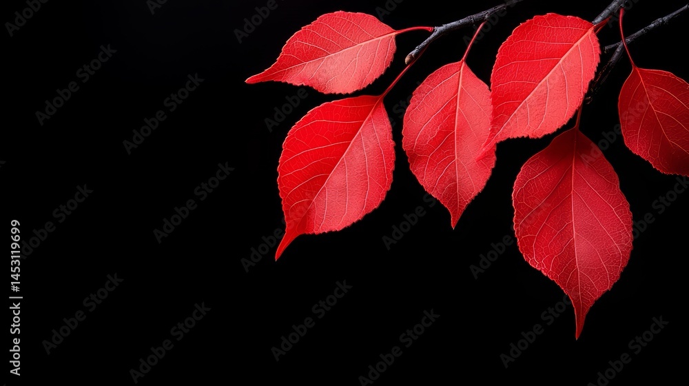 Poster close up of red leaves on a black background. the leaves are large and vibrant, creating a sense of 