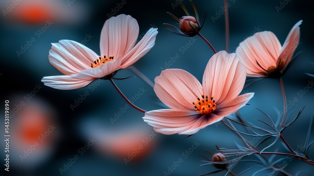 Poster close up of three pink flowers with a blue background. the flowers are in full bloom and the blue ba