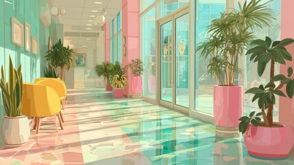 Modern Office Hallway with Transparent Glass Doors and Bright Colorful Decor Featuring Plants