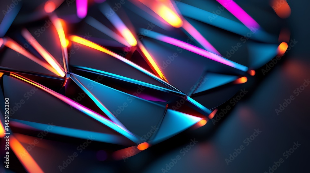 Poster colorful abstract design with a blue background. the design is made up of triangles and squares. the
