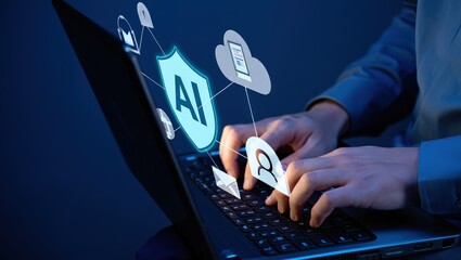 AI security and automated threat response. Artificial intelligence powered detection and prediction. Man using laptop computer with machine learning based network security system