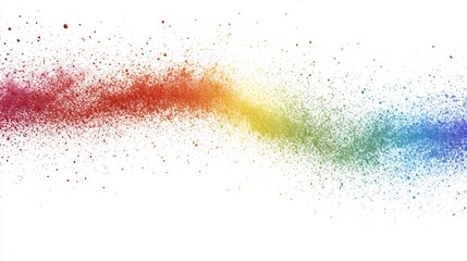 Mid air rainbow dust powder explosion captured isolated white background with scattered bright hues of red orange yellow green blue and purple fine detail no shadow