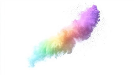 Fototapeta premium Mid air rainbow dust powder explosion isolated pure white background scattered colorful pigment bursts clean crisp detail high resolution dynamic motion freeze no shadow