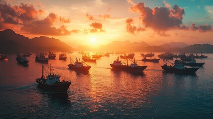 Fototapeta premium A multitude of fishing vessels at sunset over water.